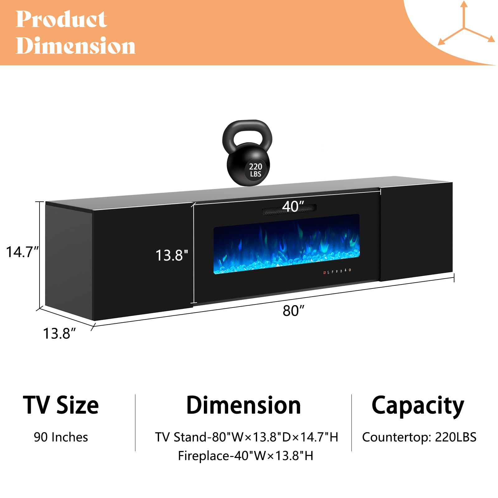 Floating Fireplace TV Stand, Wall Mounted Mirrored Entertainment Center