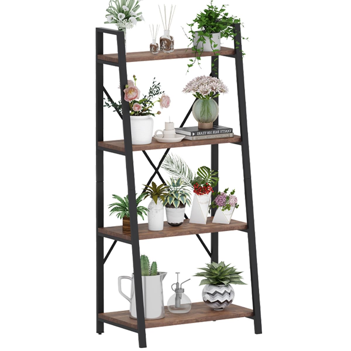 Industrial Ladder Shelf Bookcase, 4 Tier Rustic Ladder Bookshelf, Standing Leaning Book