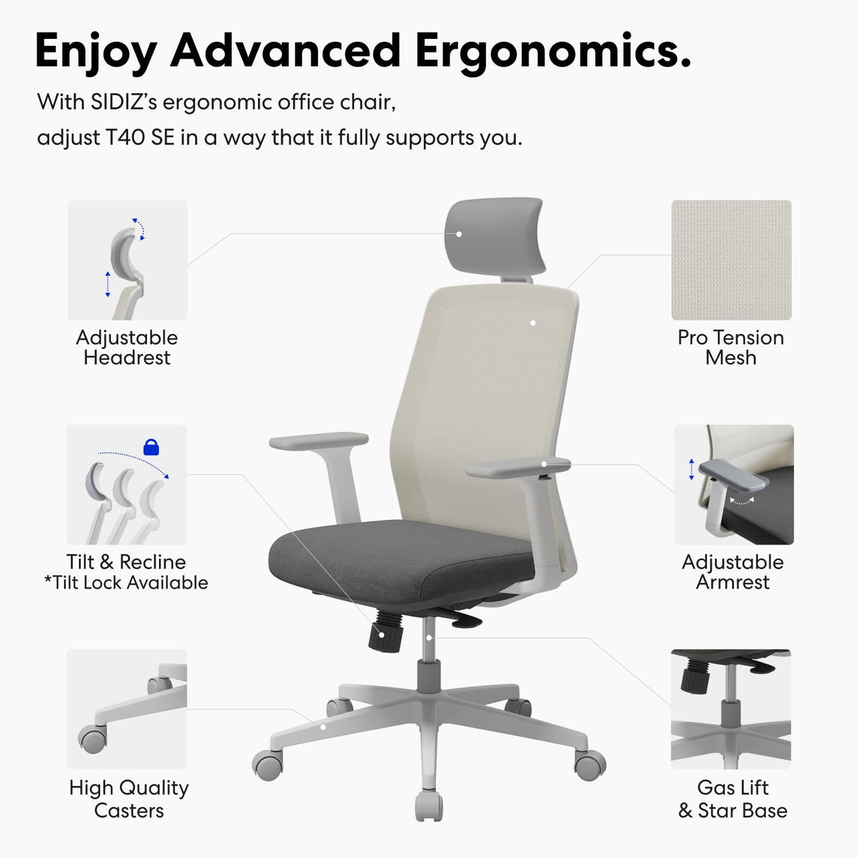 SE Ergonomic Office Chair : Comfortable Home Office Chair for Light Users with Reclining Tilt Lock, Headrest, 3D Armrests, Mesh Back Computer Desk Chair, Alternative Gaming Chair (Gray)