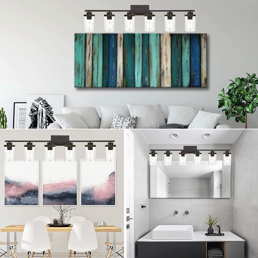 Farmhouse Vanity Lighting Fixtures Oil Rubbed Bronze 6 Light with Glass Shade Bathroom Light