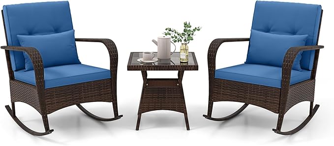 3 Pieces Rocking Bistro Set, Patiojoy Outdoor PE Rattan Rocker Chairs with Removable