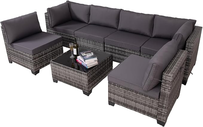 7 Pieces Wicker Patio Furniture Set, Outdoor Sectional Rattan Sofa with Waterproof