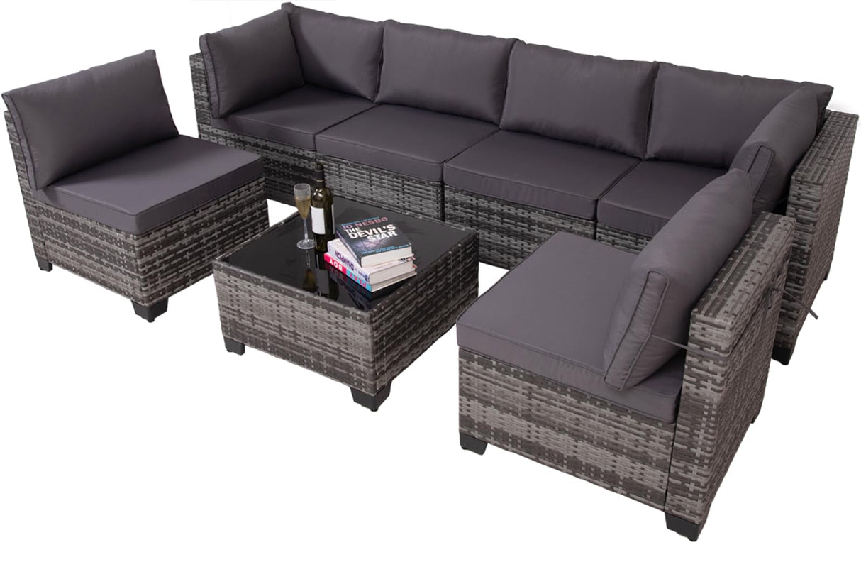 7 Pieces Wicker Patio Furniture Set, Outdoor Sectional Rattan Sofa with Waterproof