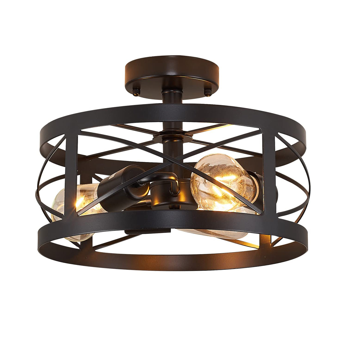 Rustic Industrial 3-Light Semi-Flush Mount Ceiling Light 13" Matte Black Round Lighting