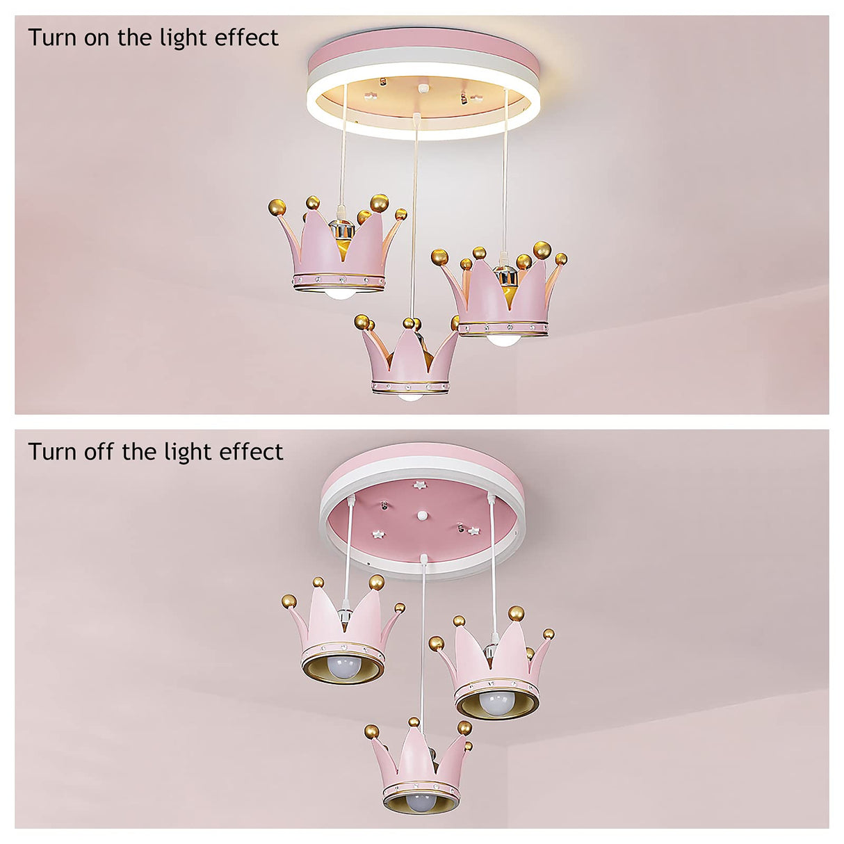 Pink Crown Chandelier for Kids Room - Modern Princess Pendant Light