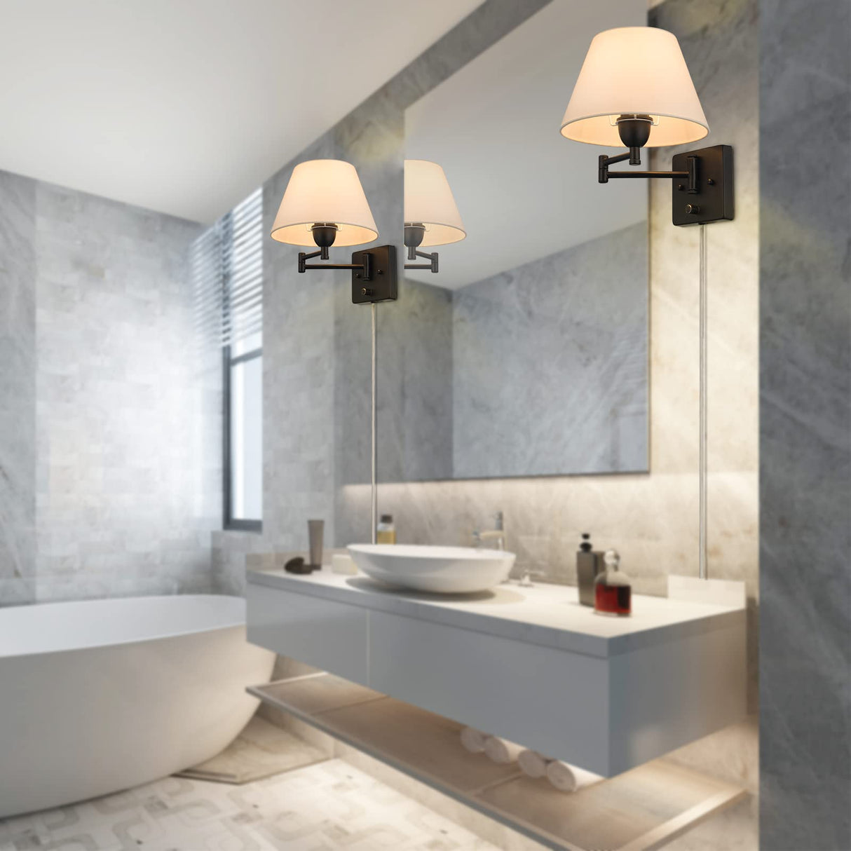 Wall Sconces Plug in, Modern Wall Lamp Set of 2 Swing Arm Wall Lights, On/Off Rotary