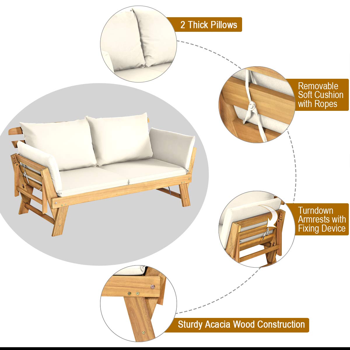 Acacia Wood Patio Convertible Couch Sofa Bed with Adjustable Armrest
