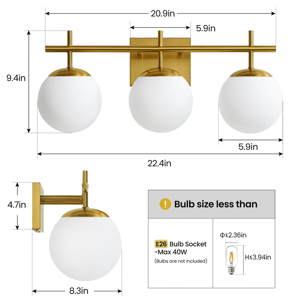 AIJIASI Gold Bathroom Light Fixtures, 3-Light Bathroom Vanity Light Over Mirror, Modern Vanity Lighting Fixtures with Milky White Globe Glass Shade, 22.4 inch Wall Sconce Light (Exclude E26 Bulb)