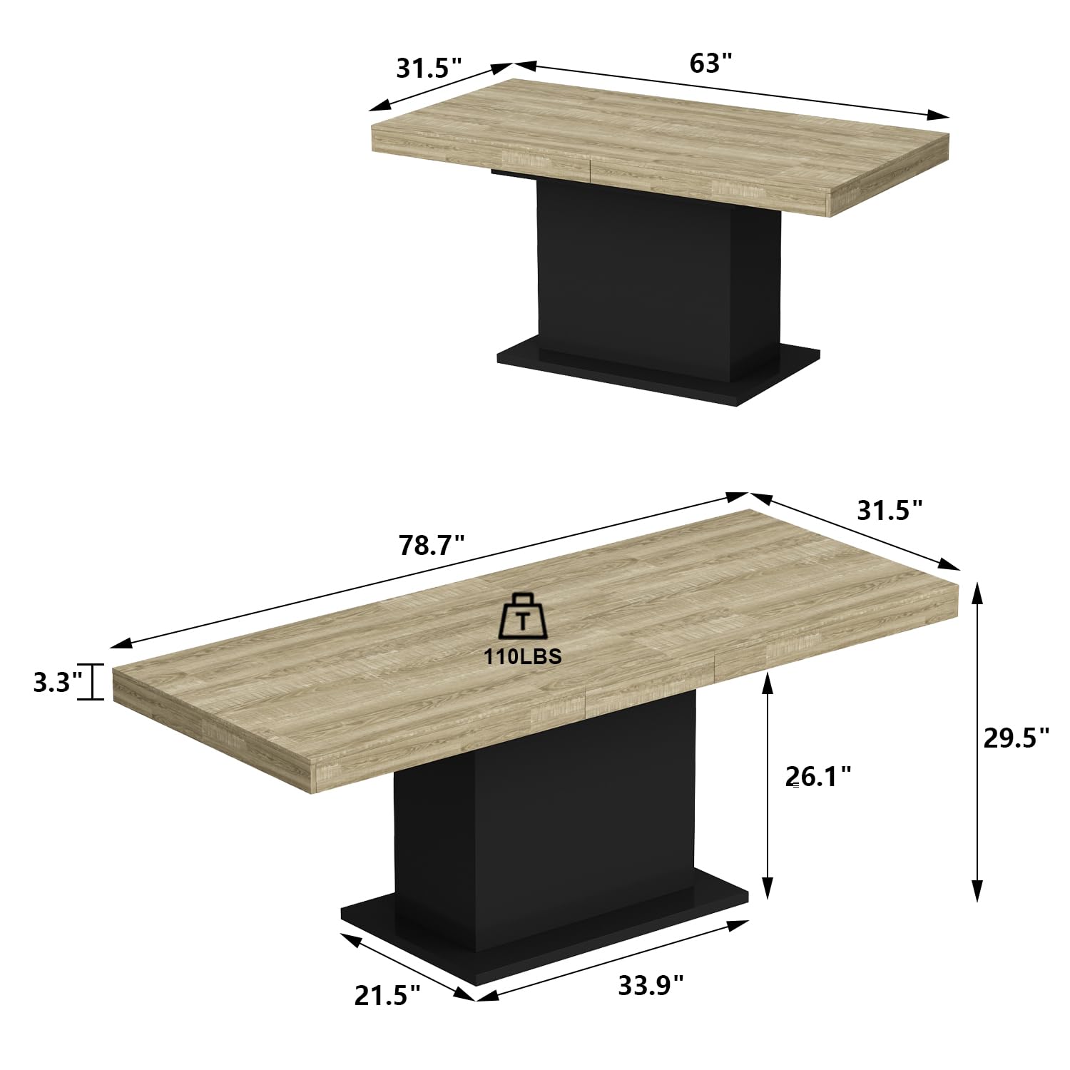 Extendable Dining Table for 8-10 People, Modern Wood Rectangular Expandable Kitchen
