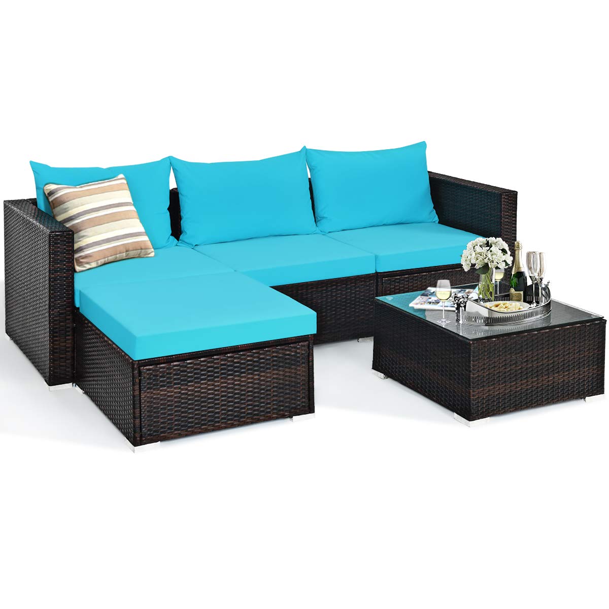 5-Piece Wicker Sectional Patio Furniture Set with Glass Coffee Table