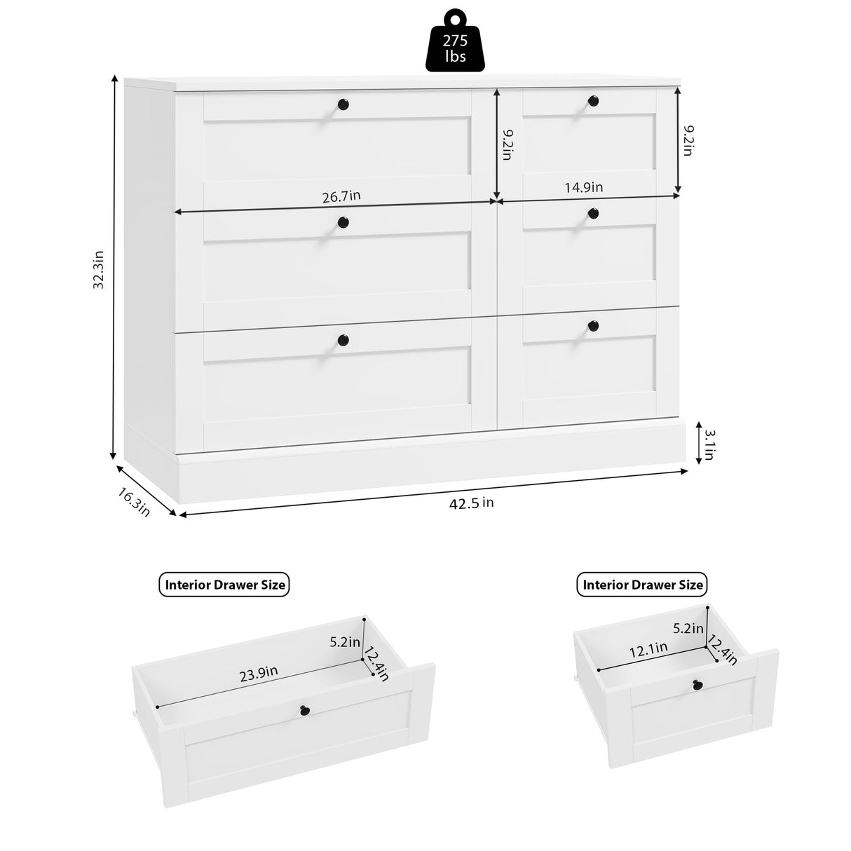 HOSTACK 6 Drawer Dresser, White Dresser for Bedroom, Wood Chest of Drawers, Wide Double Dresser, Modern Drawer Chest for Living Room, Entryway, Hallway, White