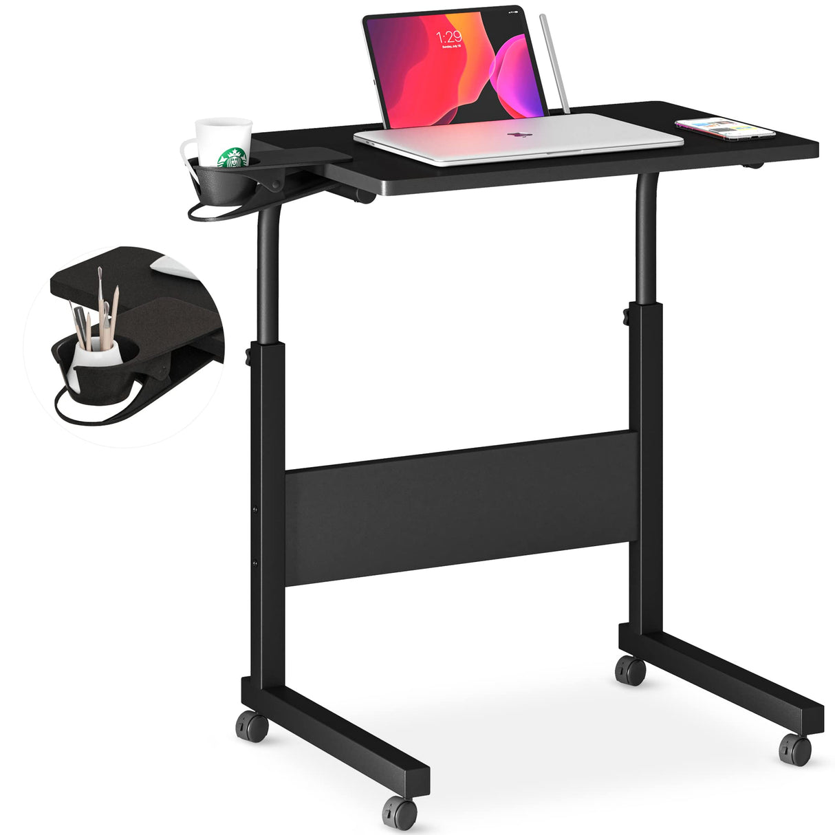 Standing Desk Adjustable Height, Stand Up Desk with Cup Holder, Portable Laptop Desk, Mobile, Small Computer Desk, Bedside Table, Black Rolling Desk, Work Desk for Home Office