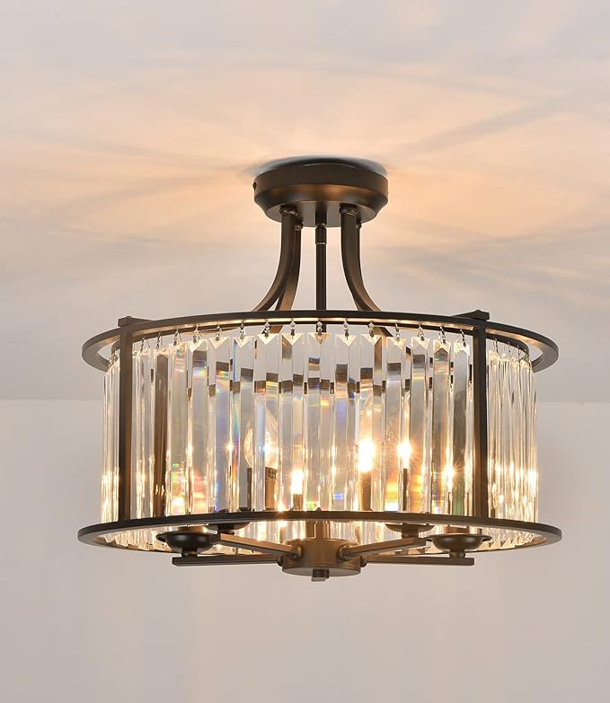 5-Light Black Semi Flush Mount Crystal Chandelier Metal Modern Ceiling Light