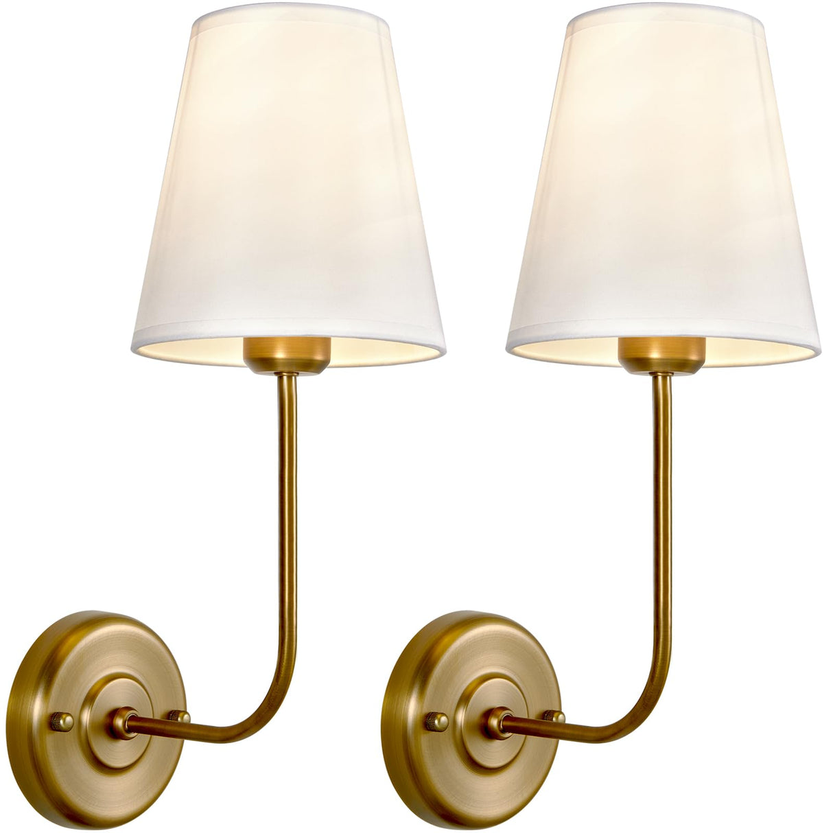 Hardwired Wall Sconce with Flared Shape White Textile Shade Curved Arm and Antique Brass Finish Metal Base