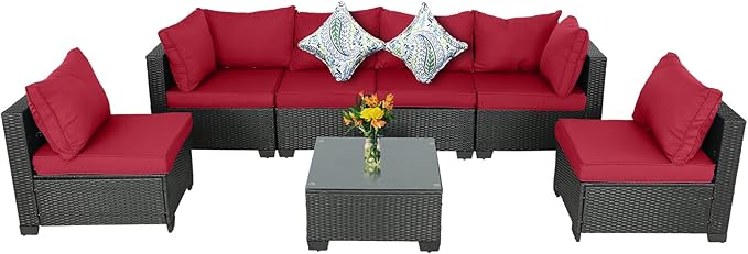 p0[iPatio Furniture Sets 7 Pieces, Outdoor Sectional Sets All Weather Conversation Patio Sofa w Cushions and Glass Coffee Table for Porch Poolside B