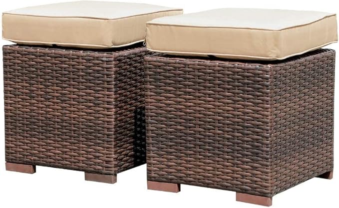 2 Pieces Assembled Outdoor Patio Ottoman, Indoor Outdoor All-Weather Grey Wicker
