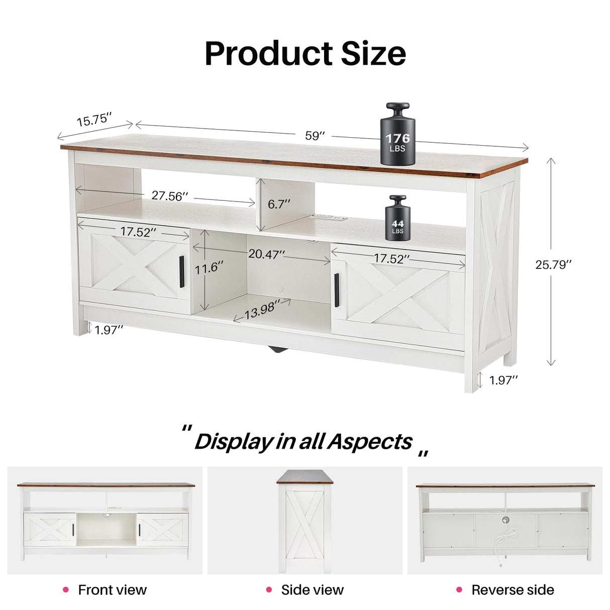 Farmhouse TV Console, Entertainment Center with Power Outlets for TVs up to 65 Inch,