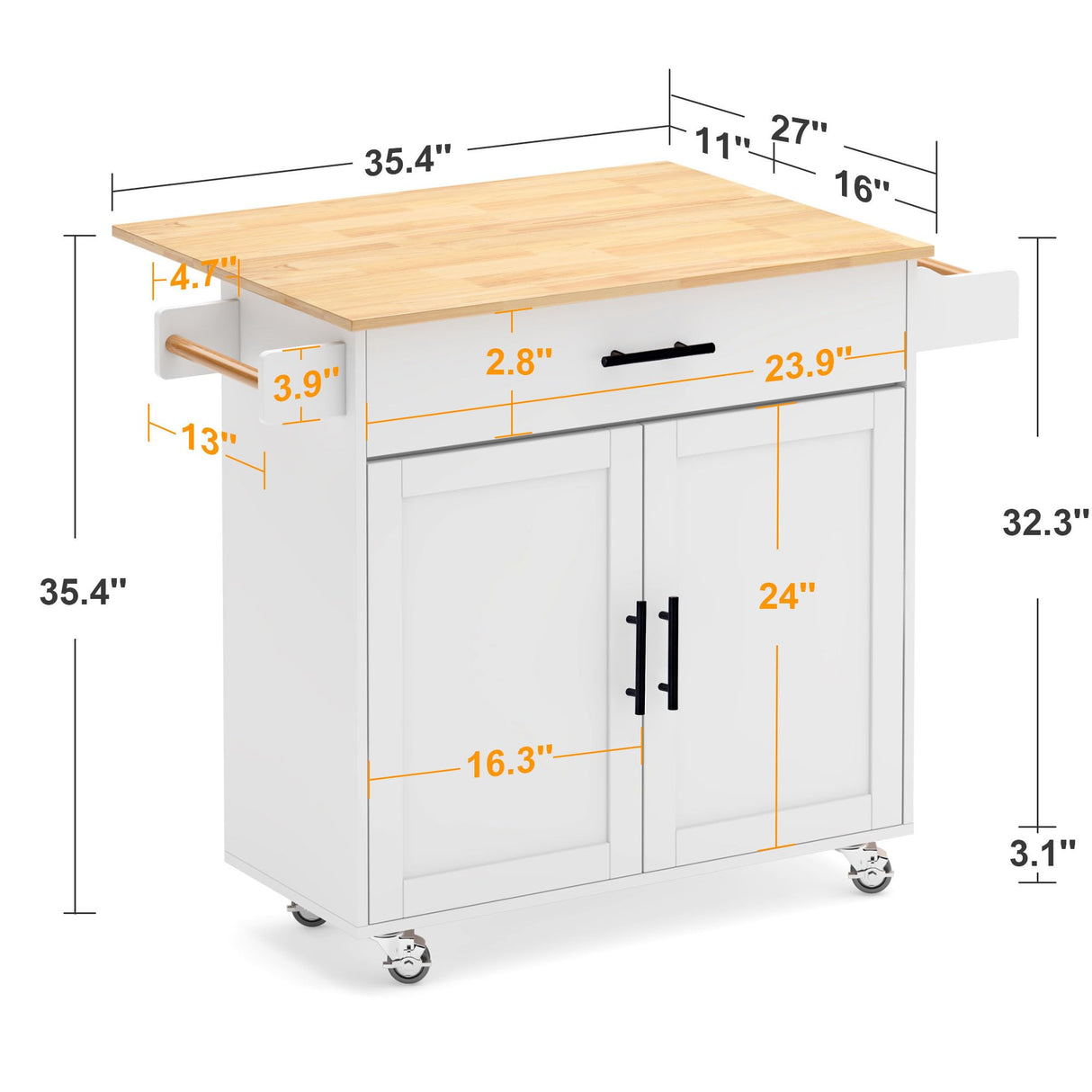 Rolling Kitchen Island on Wheels with Drop Leaf, Kitchen Cart with A Drawer and Cabinet