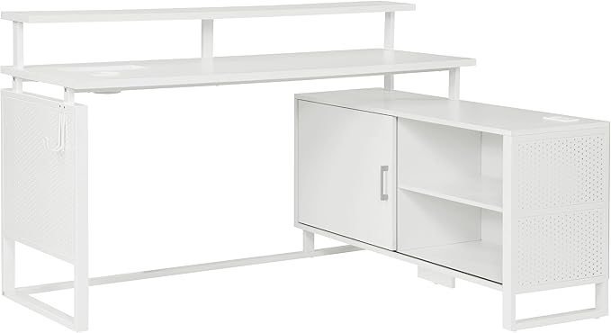 Ace Contemporary Modern Home Office Desk with Shelf, L-Shape with White Finish