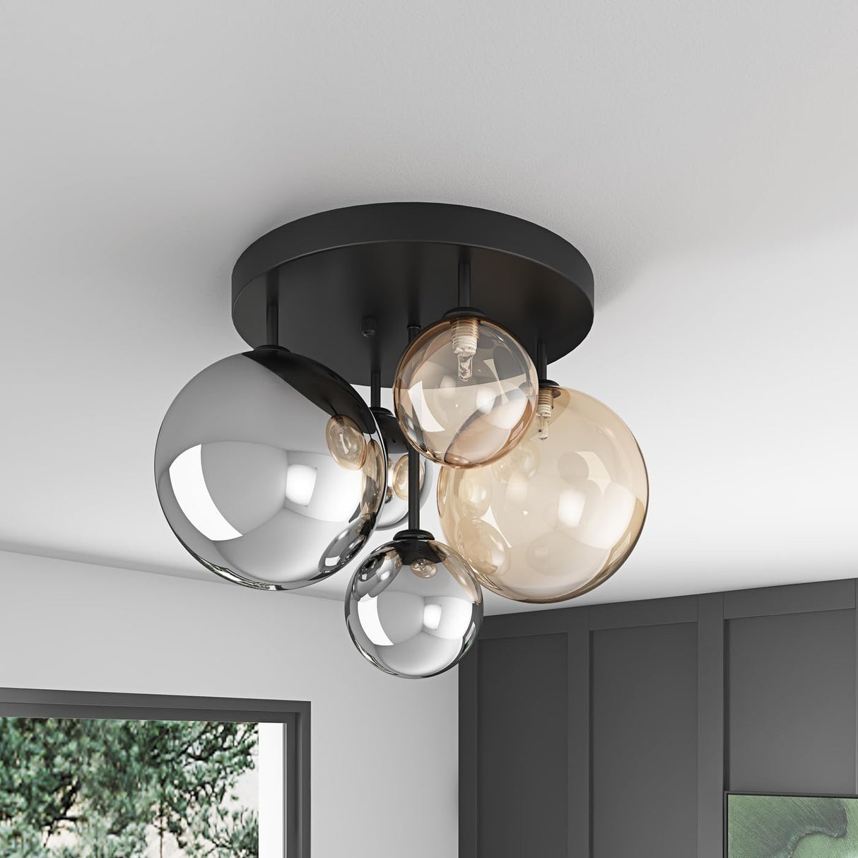 5-Light Semi Flush Mount Ceiling Light with Globe Glass Shade