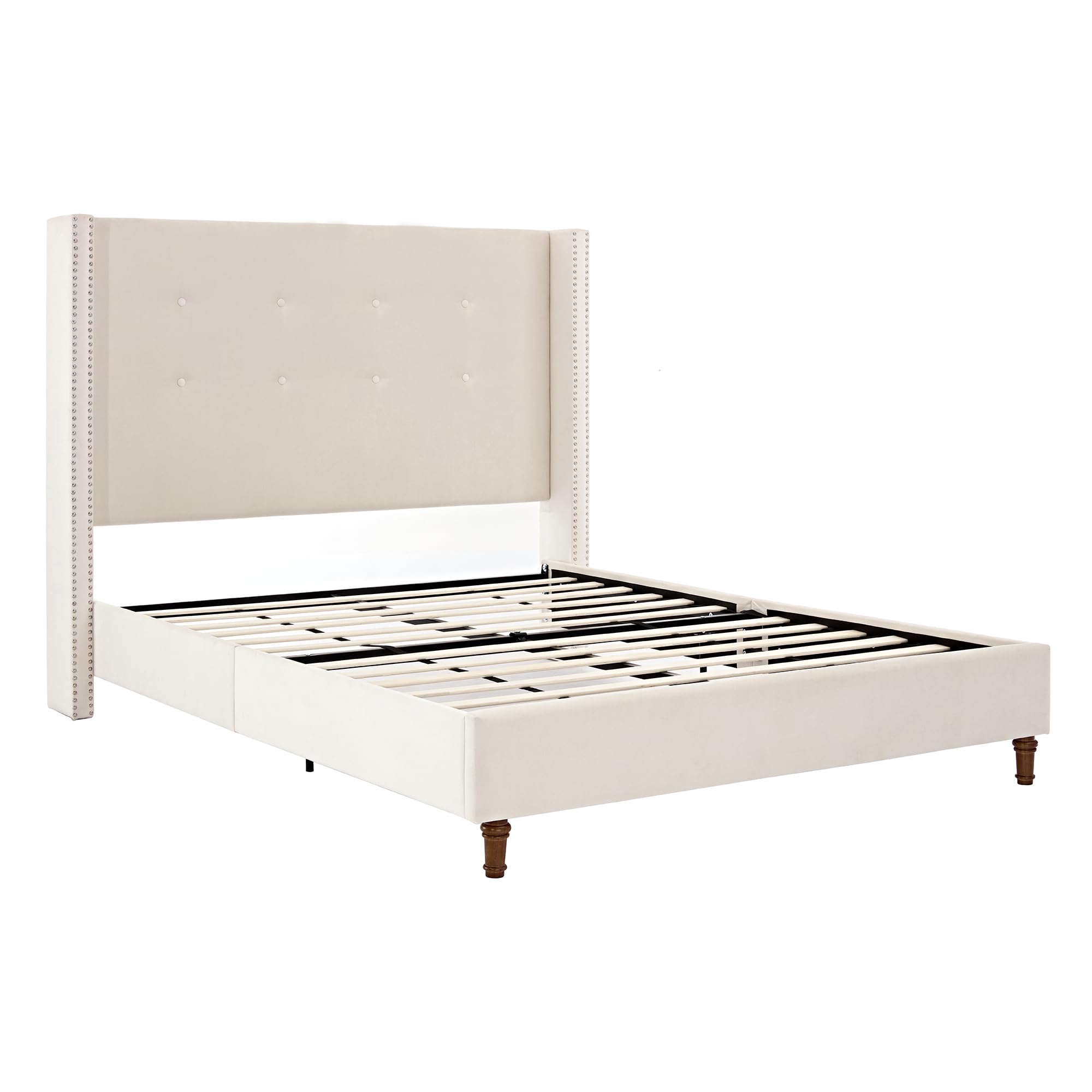 Upholstered Bed Frame, 54" High Headboard with Nailhead Trim Wingback