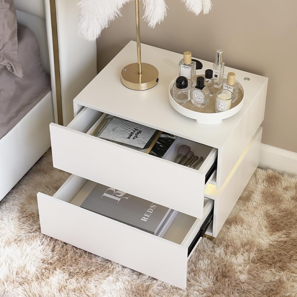 Modern White Smart LED Night Stand with Wireless Charging Station