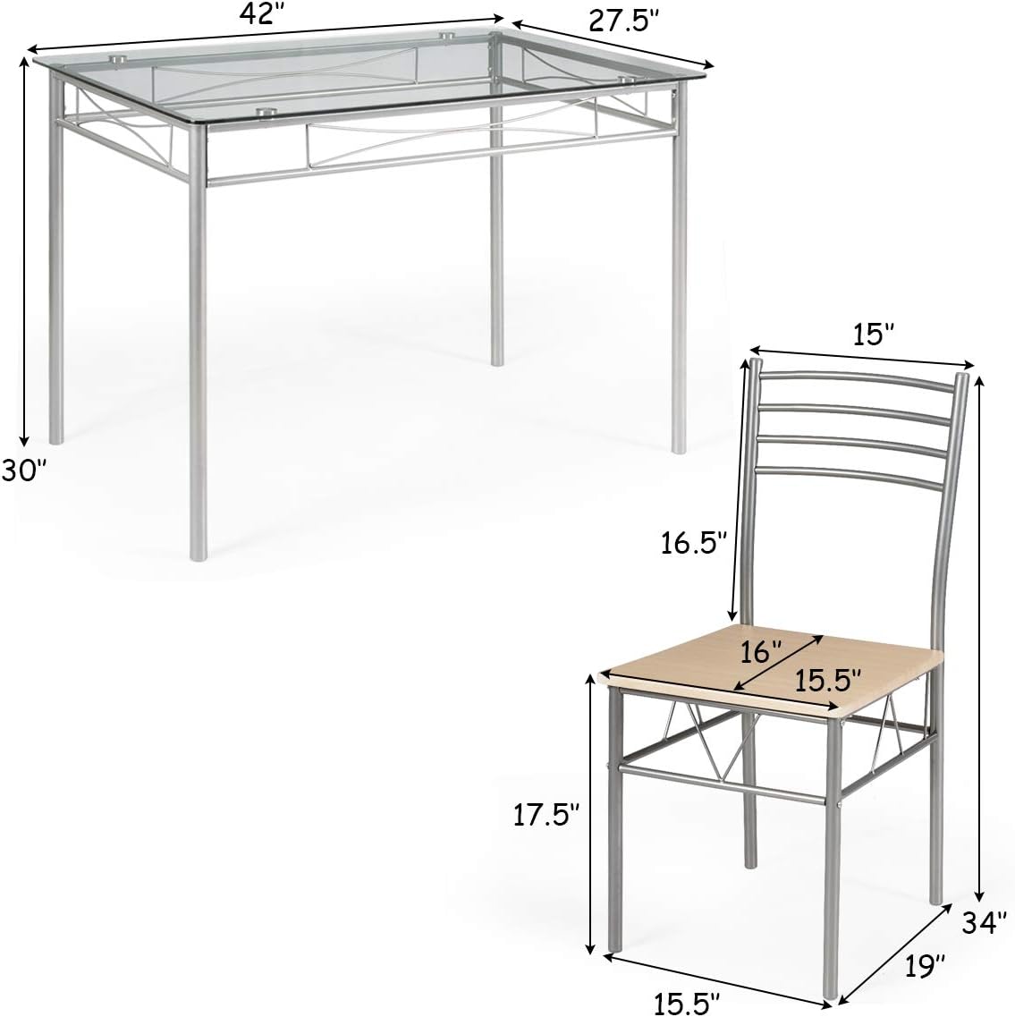 5-Piece Glass Dining Table Set with 4 Chairs