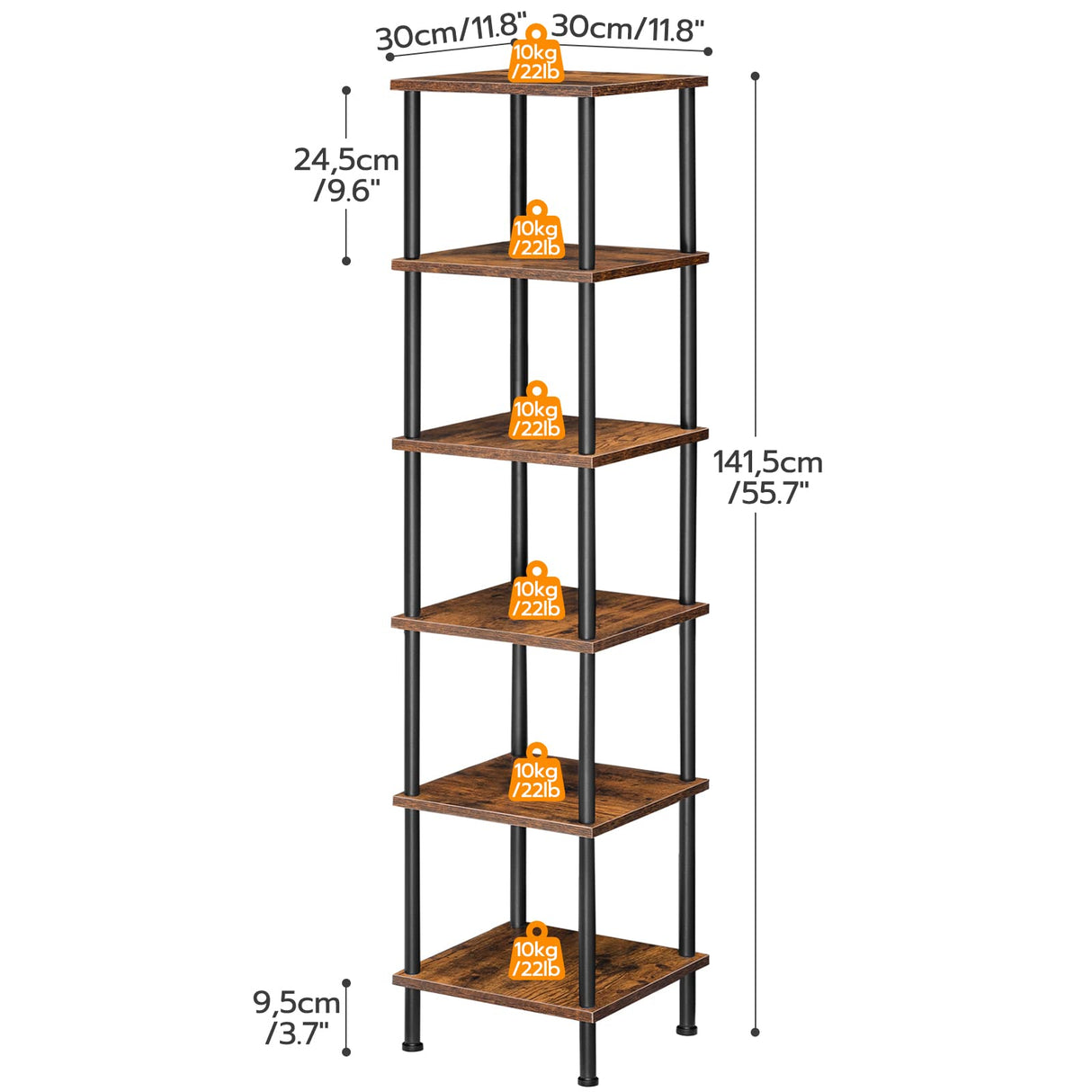 6-Tier Corner Shelf, Corner Square Rack Display Shelf, Tall Storage Rack Plant Stand, Corner Bookcase for Small Spaces, Living Room, Home Office, Kitchen, Rustic Brown and Black BF55CJ01