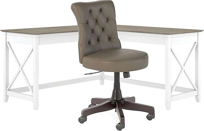 Key West 60W L Shaped Desk with Mid Back Tufted Office Chair in Washed Gray