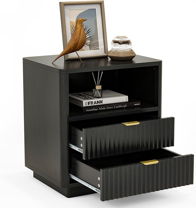Set of 2, Black Night Stands with 2 Drawers