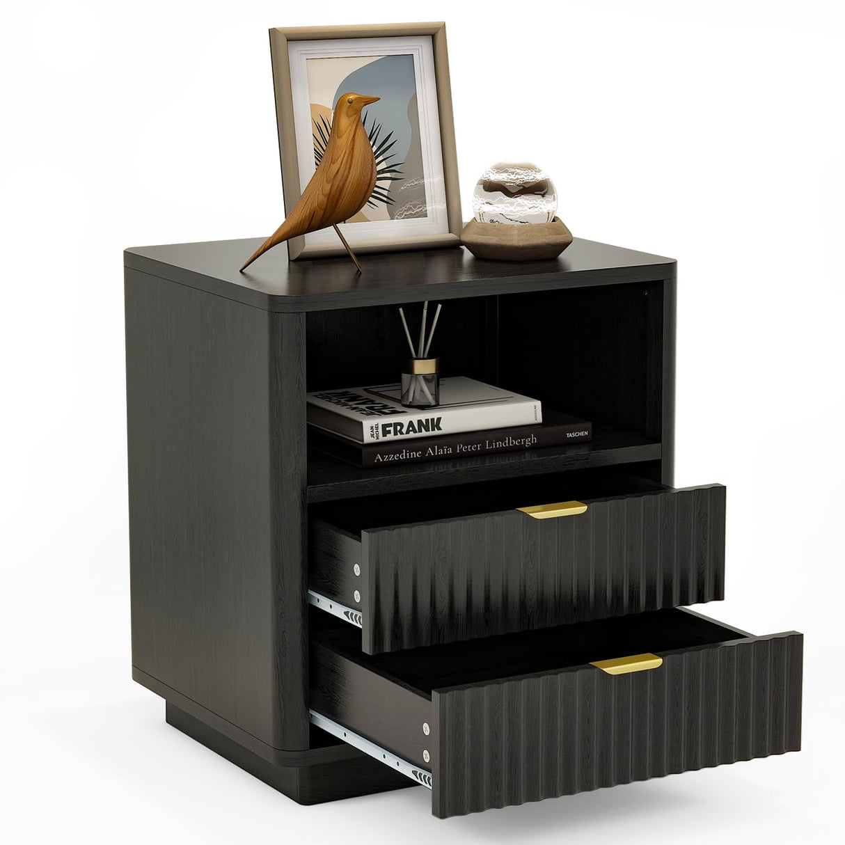 Set of 2, Black Night Stands with 2 Drawers