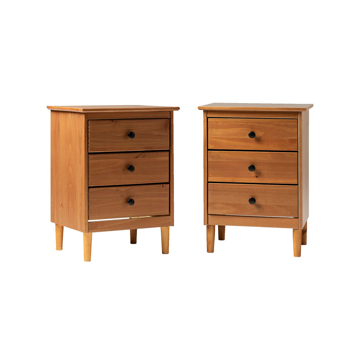 Myron Modern 2 Piece Solid Wood 3 Drawer Nightstand Set, 2 Pack, Caramel