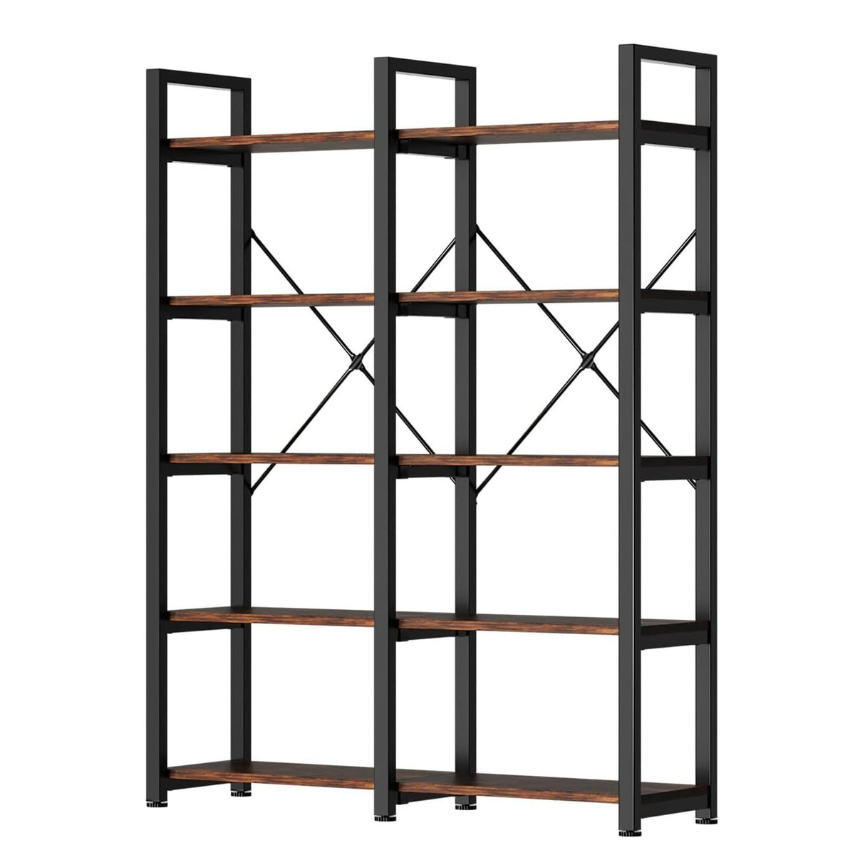 5 Tier, 58.7'' Industrial Wooden Book Shelf with Metal Frame, Large Storage Rack with Open Shelves, Wood Display Bookcase for Home and Office, Rustic Brown