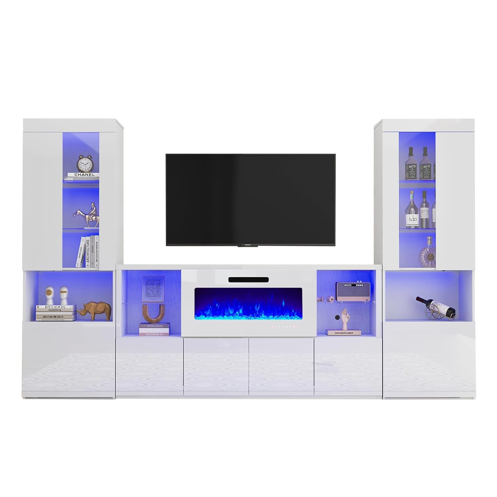 3 Piece Modern High Gloss Fireplace TV Stand + Bookcase Set for Living Room