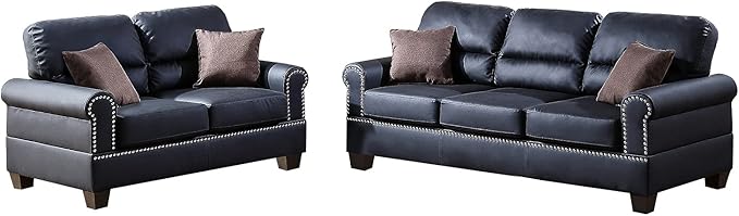 Bobkona Shelton Bonded Leather 2 Piece Sofa and Loveseat Set, Black