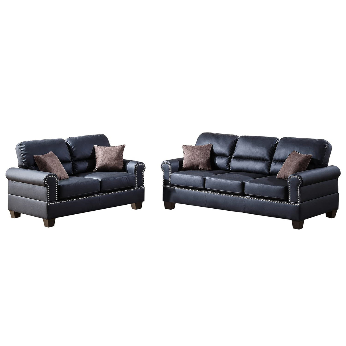 Bobkona Shelton Bonded Leather 2 Piece Sofa and Loveseat Set, Black