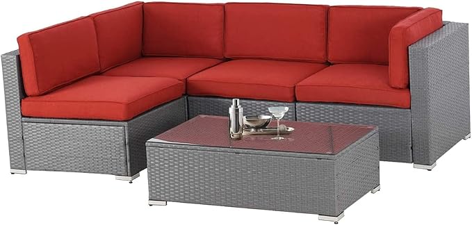 5-Piece Outdoor Patio Sectional Sofa Set with Glass Coffee Table - All Weather Wicker