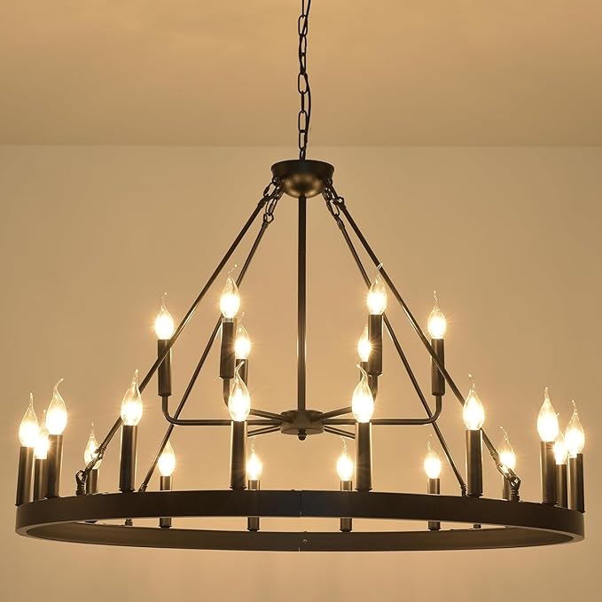 Wagon Wheel Chandelier 2 Tier 40” 22-Light, Height Adjustable Large Modern Industrial