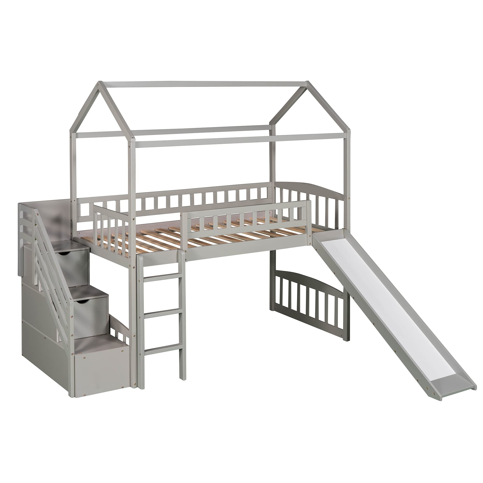 Twin Loft Bed with Stairs and Slide, Wooden House Loft Bed Twin Size