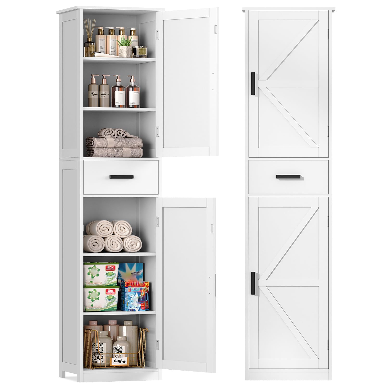 67.1" Tall Bathroom Cabinet, Storage Cabinet with 6 Shelves & Drawer