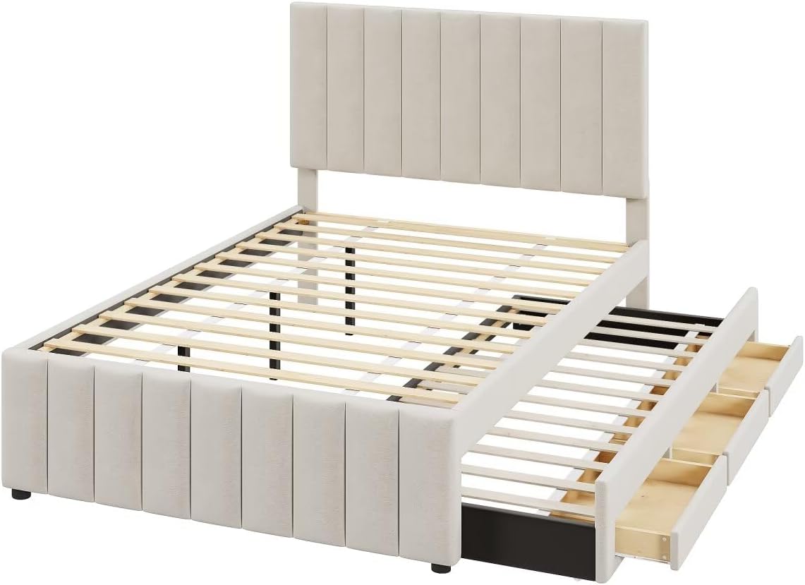 Upholstered Platform Bed with Twin Size Trundle and 3 Drawers, Linen Fabric, Beige
