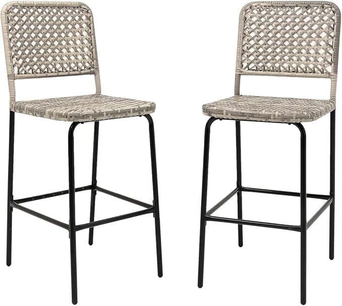 Patio Bar Stools Set of 4, Hand Woven PE Rattan Hollow Back Armless Barstools for Deck