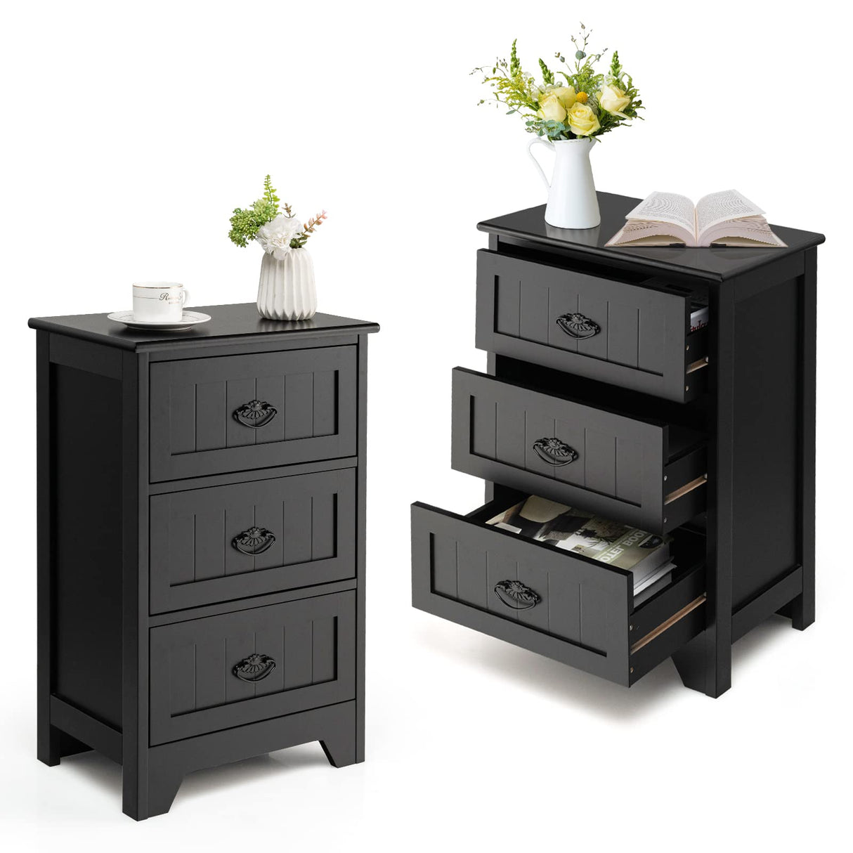 Nightstand with 3 Drawers, Set of 2 Bedside Table with Exquisite Metal Handles