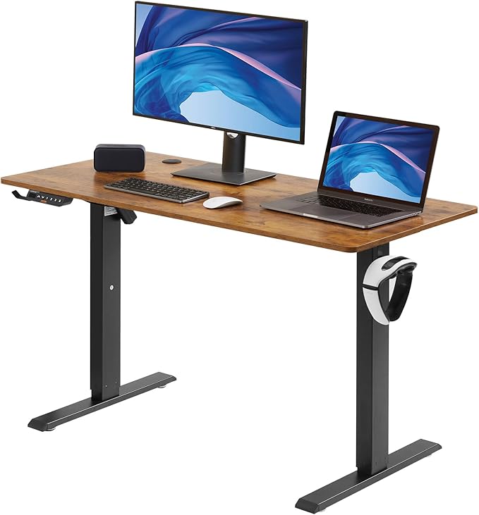 Standing Desk with Shelves 47.2 x 23.6 Inch Height Adjustable Desk Dual Monitor Riser Workstation Adjustable Desk 3-Key Modes Sturdy Dual Metal Frame 180LBS Capacity for Home Office