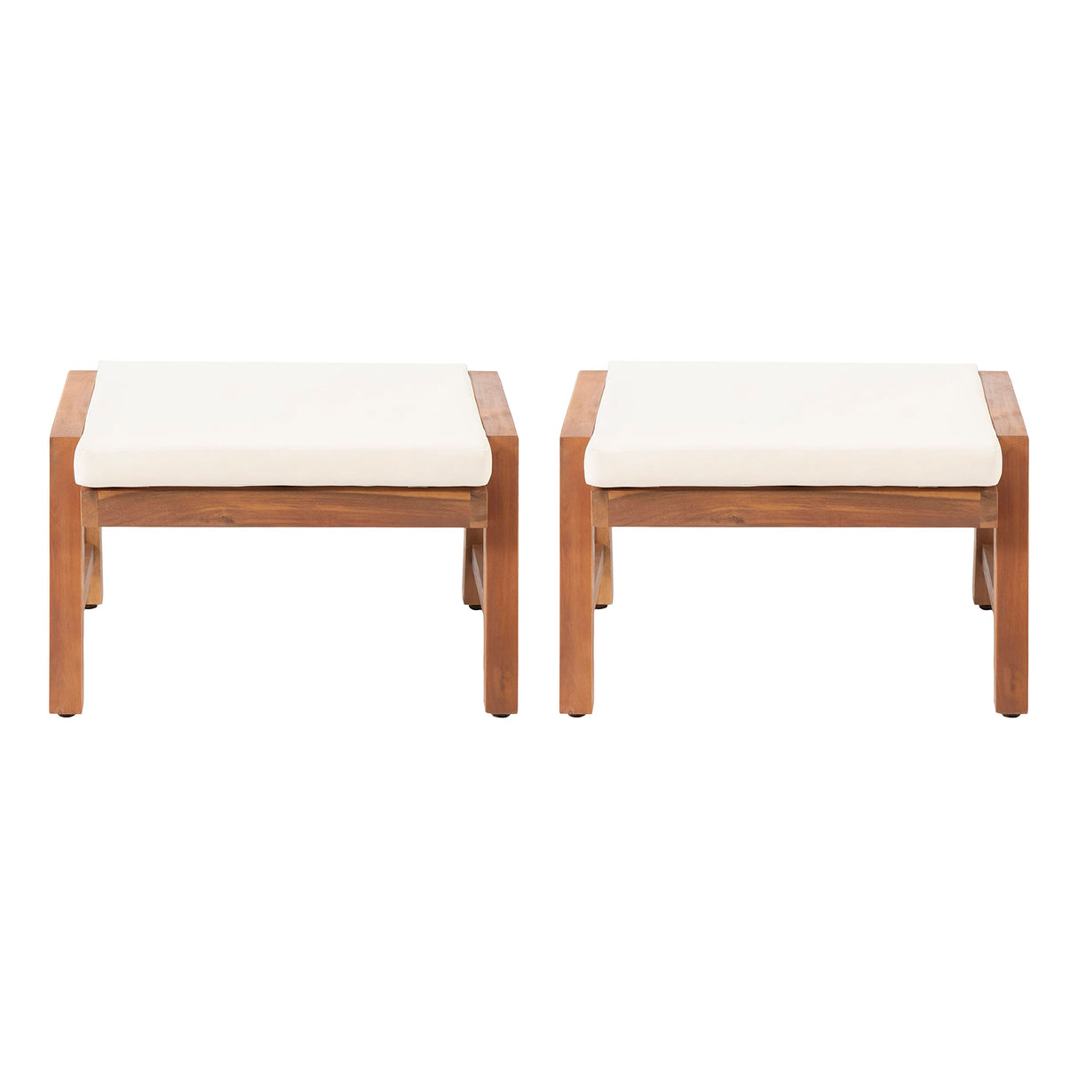 Temecula Outdoor Ottomans with Cushion (Set of 2) - Acacia Wood - Brown/Cream