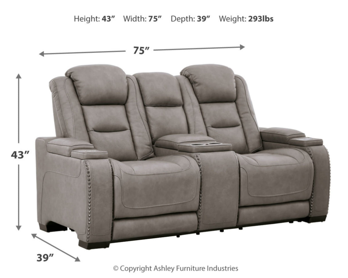 The Man-Den Leather Power Reclining Loveseat with Center Console, Adjustable Headrest