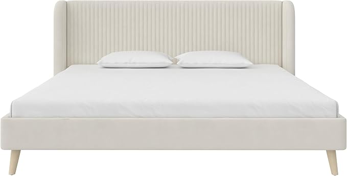 Holly Upholstered Wingback Bed Frame, Queen, Ivory Velvet