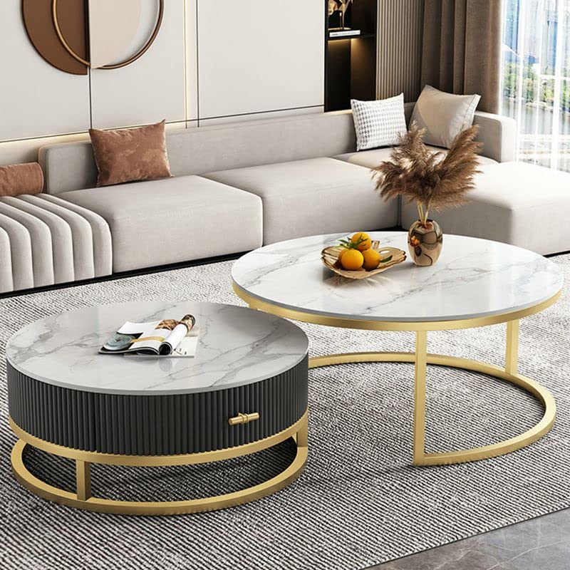 Coffee Table, Contemporary Slate Top Coffee Table Set of 2 Marble Pattern Cocktail Table with Drawers Side End Table for Living Room, 31.5"L x 31.5"W x 18"H + 23.5"L x 23.5"W x 15.5"H