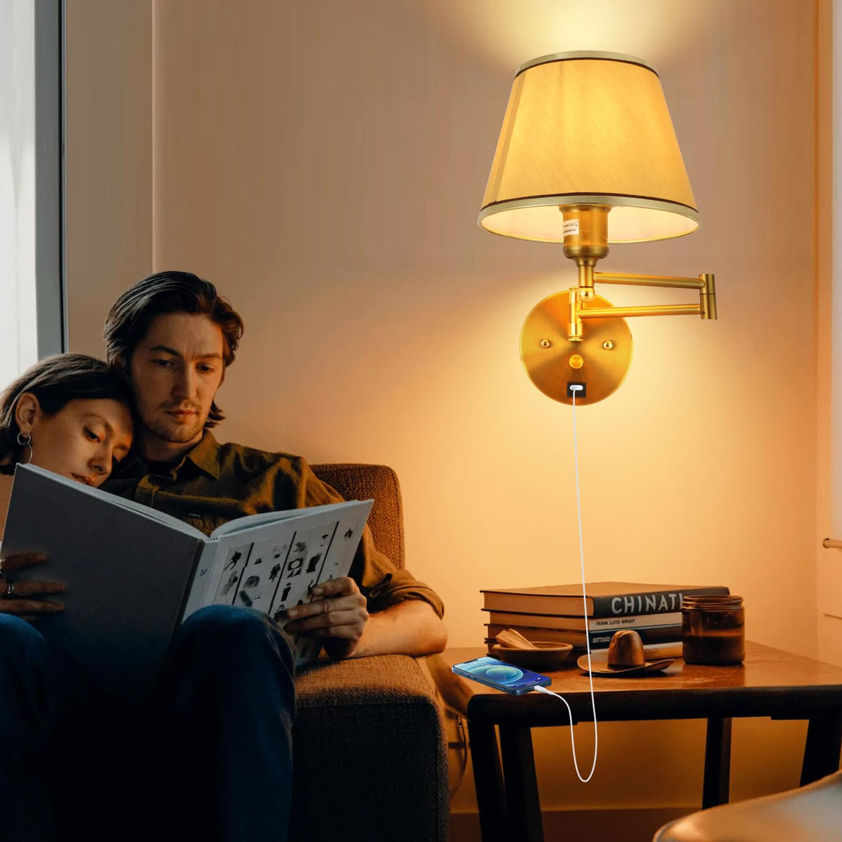 Plug-in Wall Sconce Swing Arm 1-Light Wall Mount Lamp with USB Charging Port Wall