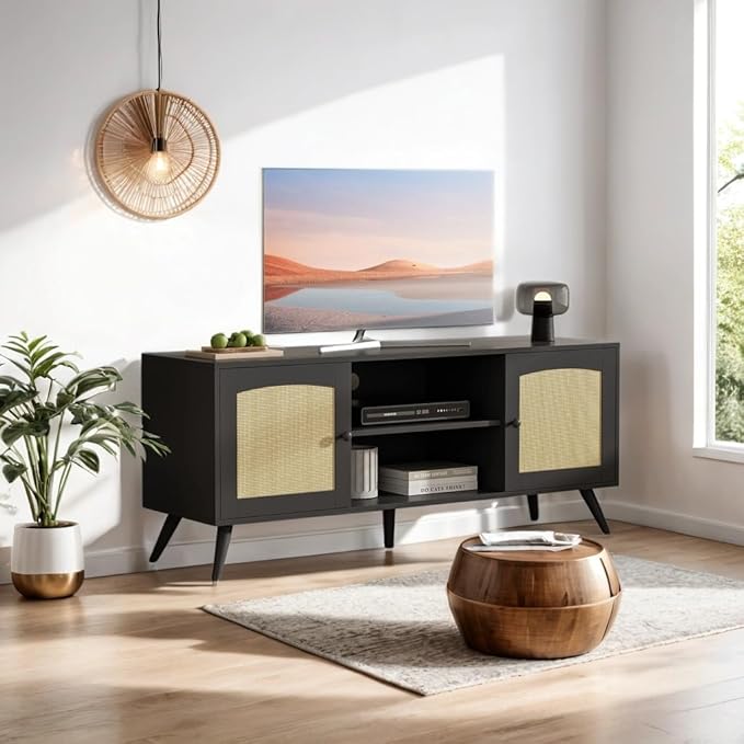 Brown Rattan TV Stand for 60 Inch TV, Wooden Mid Century Modern Entertainment Center